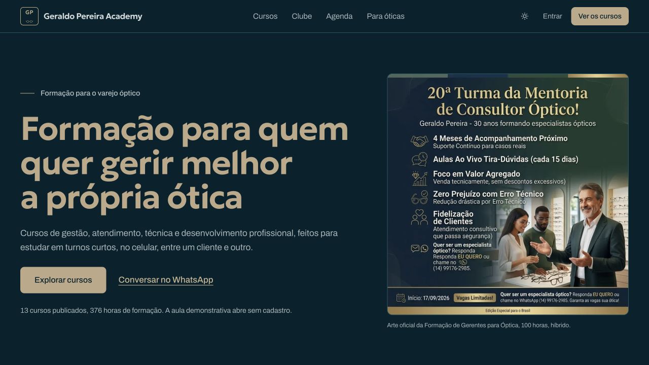 Página inicial da Geraldo Pereira Academy em produção