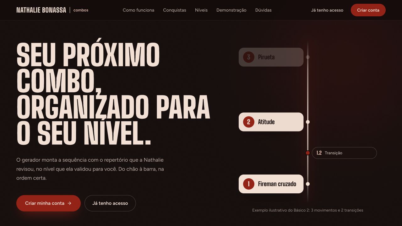 Página inicial do gerador de combos da Nathalie Bonassa