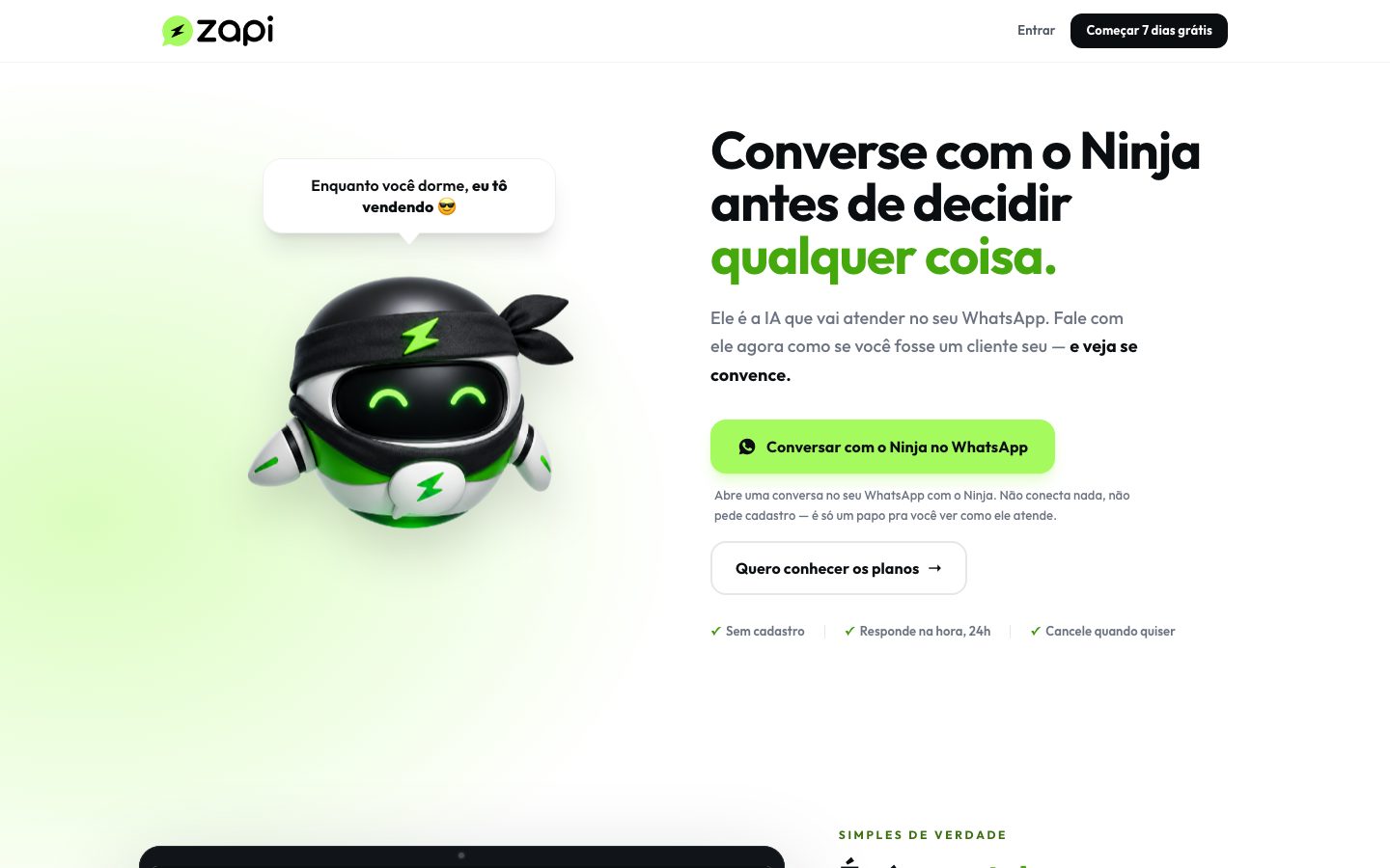 Captura de tela do Zapi Ninja em produção